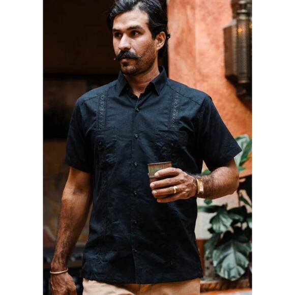 Texas Standard Guayabera Diablo Shirt Mens Large Embroidered Western Black - Picture 1 of 11